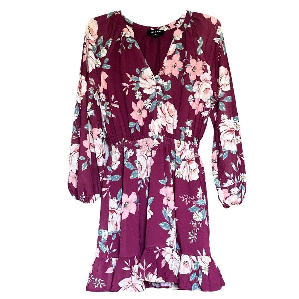 YUMI KIM Long sleeve Vneck waist tie button down ruffle hem floral dress-Size 4